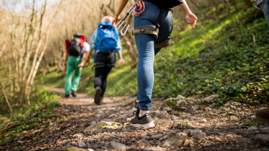 3 hikers walking an outdoor path in the sunshine. Regatta customer story.