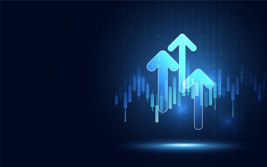 Futuristic raised triple-up arrow chart with candlesticks digital transformation abstract technology background. Big data and business growth currency stock and investment economy. Vector illustration