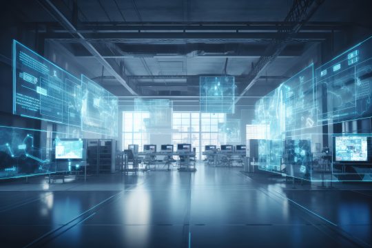 Industrial IoT smart factory concept, featuring a factory building. Industry 4.0, focusing on connectivity, automation, and data exchange in manufacturing technologies, generative AI