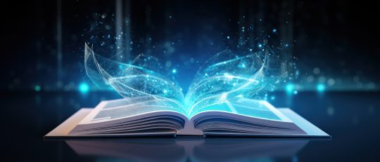 Open book revealing digital hologram, Generative AI